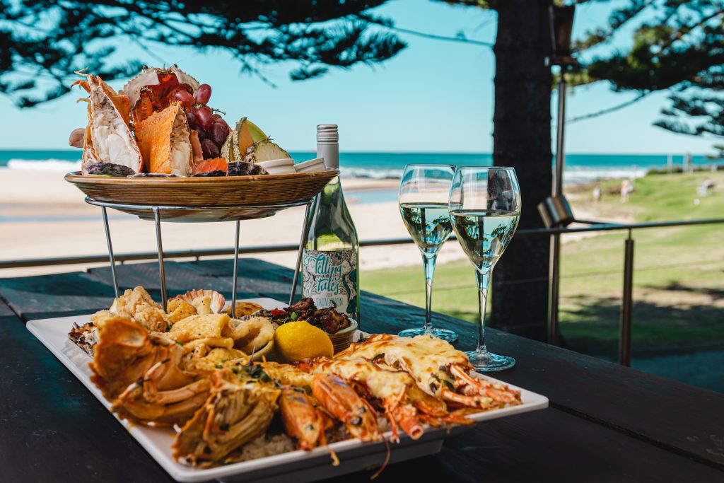 seafood platter and wine